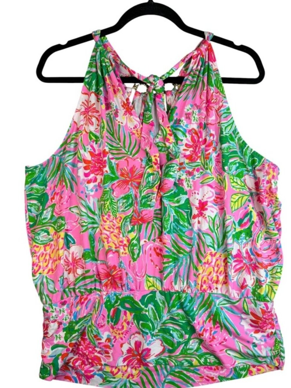 XL Pink Tropical Floral Halter Top Gold Ring Detail Blouse